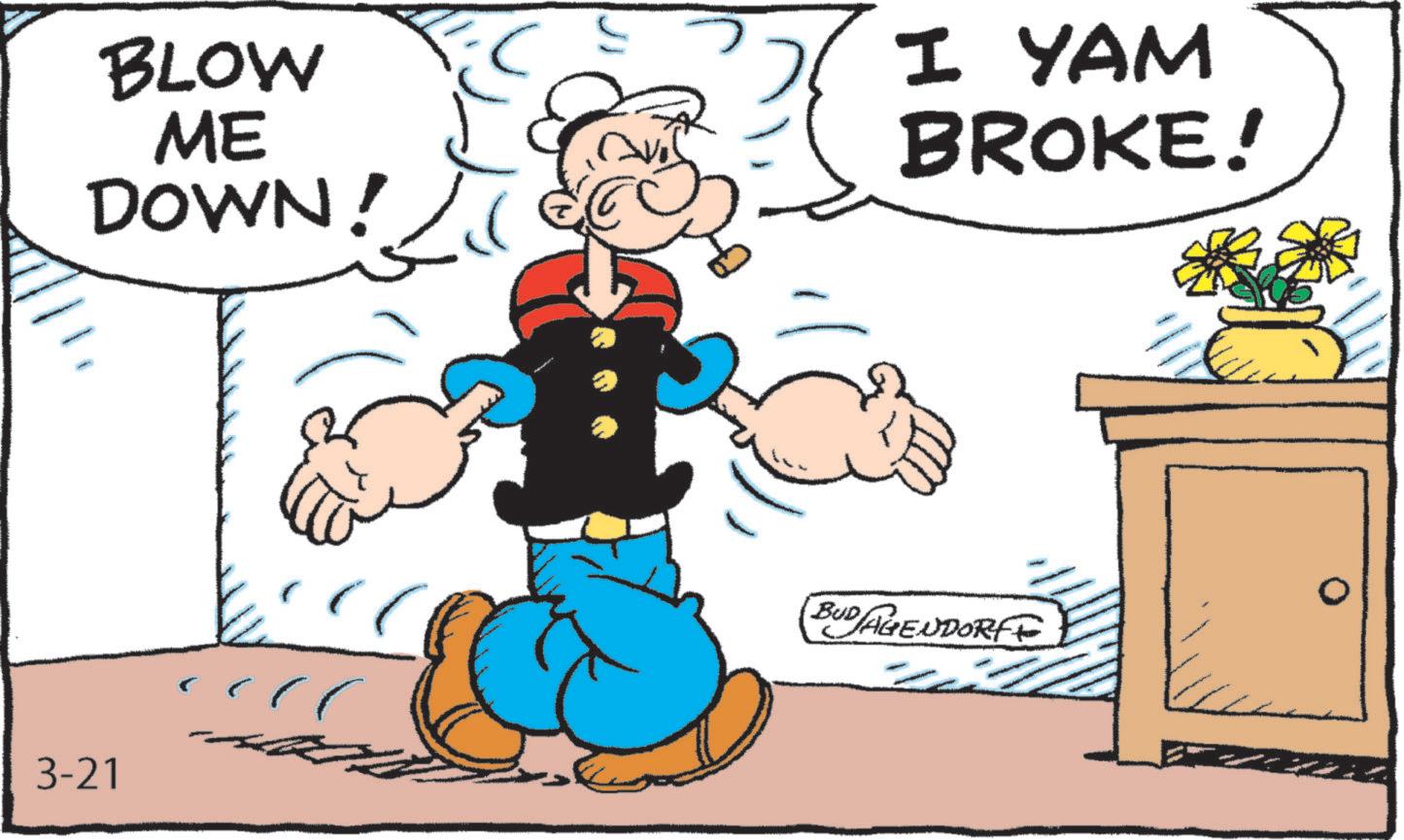 Graphics OCR: BLOW ME DOWN! I 7 1 YAM BROKE! 3-21 BUDAGENDORF BLOW ME DOWN ! I 7 1 YAM BROKE ! 3-21 BUDAGENDORF