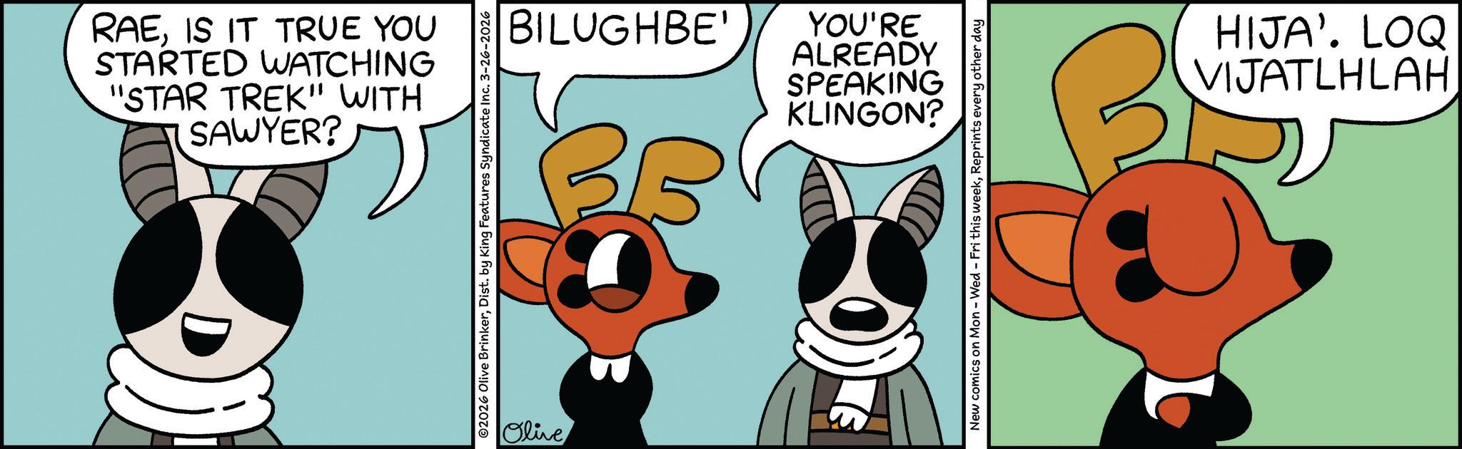 Graphic design OCR: "STAR TREK" WITH STARTED WATCHING RAEIS IT TRUE YOU SAWYER? D BILUGHBE' BB KLINGON? SPEAKING ALREADY YOU'RE ©2026 Olive BrinkerDist. by King Features Syndicate Inc. 3-26-2026 Olive New comics on Mon - Wed - Fri this weekReprints every other day VIJATLHLAH HIJA'. LOQ " STAR TREK " WITH STARTED WATCHING RAEIS IT TRUE YOU SAWYER ? D BILUGHBE ' BB KLINGON ? SPEAKING ALREADY YOU'RE © 2026 Olive BrinkerDist . by King Features Syndicate Inc. 3-26-2026 Olive New comics on Mon - Wed - Fri this weekReprints every other day VIJATLHLAH HIJA ' . LOQ