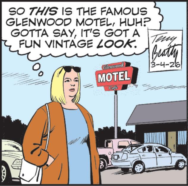 Fiction OCR: - SO THIS IS THE FAMOUS GLENWOOD MOTELHUH? GOTTA SAYIT'S GOT A FUN VINTAGE LOOK. % Glenwood MOTEL Cafe Teny Beatty 3-4-26 www 2 €3 - SO THIS IS THE FAMOUS GLENWOOD MOTELHUH ? GOTTA SAYIT'S GOT A FUN VINTAGE LOOK . % Glenwood MOTEL Cafe Teny Beatty 3-4-26 www 2 € 3