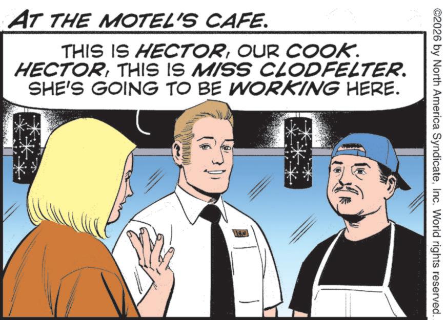 Animation OCR: ©2026 by North America SyndicateInc. World rights reserved. AT THE MOTEL'S CAFE. THIS IS HECTOROUR COOK. HECTORTHIS IS MISS CLODFELTER. SHE'S GOING TO BE WORKING HERE. © 2026 by North America SyndicateInc. World rights reserved . AT THE MOTEL'S CAFE . THIS IS HECTOROUR COOK . HECTORTHIS IS MISS CLODFELTER . SHE'S GOING TO BE WORKING HERE .