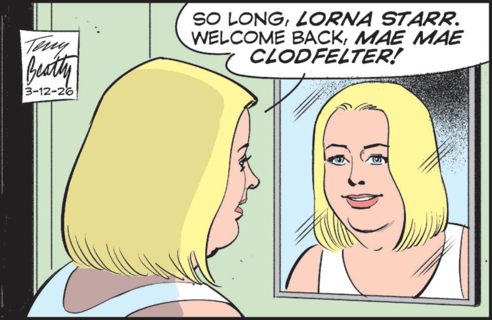 Animated cartoon OCR: Teny Beatty 3-12-26 SO LONGLORNA STARR. WELCOME BACKMAE MAE CLODFELTER! Teny Beatty 3-12-26 SO LONGLORNA STARR . WELCOME BACKMAE MAE CLODFELTER !