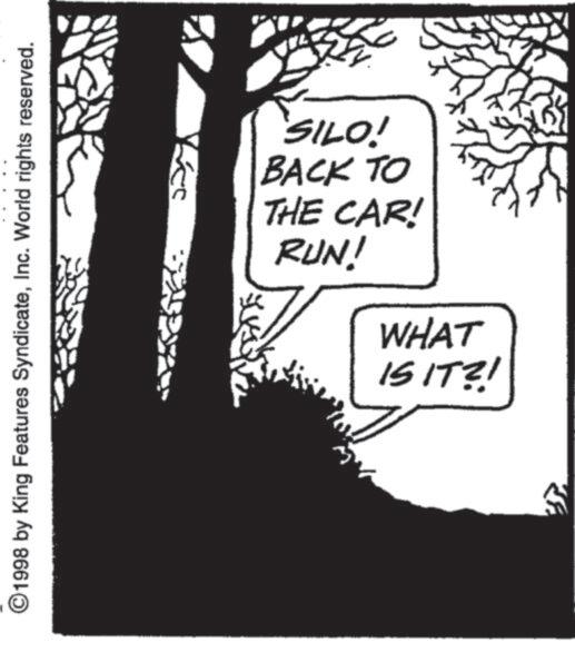 Text OCR: SILO! BACK TO THE CAR! RUN! WHAT IS IT?! ??? ©1998 by King Features SyndicateInc. World rights reserved. KE SILO ! BACK TO THE CAR ! RUN ! WHAT IS IT ?! ??? © 1998 by King Features SyndicateInc. World rights reserved . KE