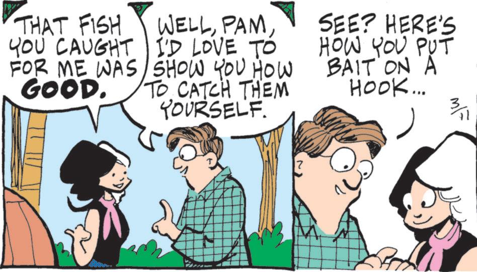 Animated cartoon OCR: THAT FISH YOU CAUGHT FOR ME WAS GOOD. WELLPAM I'D LOVE TO SHOW YOU HOW TO CATCH THEM YOURSELF. SEE? HERE'S HOW YOU PUT BAIT ON A HOOK... 3/11 7 THAT FISH YOU CAUGHT FOR ME WAS GOOD . WELLPAM I'D LOVE TO SHOW YOU HOW TO CATCH THEM YOURSELF . SEE ? HERE'S HOW YOU PUT BAIT ON A HOOK ... 3/11 7