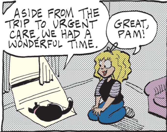 Fictional character OCR: ASIDE FROM THE TRIP TO URGENT CAREWE HAD A WONDERFUL TIME. GREATPAM! ASIDE FROM THE TRIP TO URGENT CAREWE HAD A WONDERFUL TIME . GREATPAM !