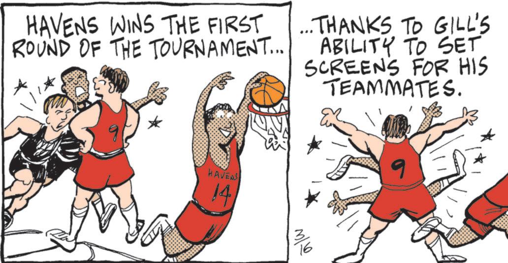 Basketball court OCR: HAVENS WINS THE FIRST ROUND OF THE TOURNAMENT... VAVA ... THANKS TO GILL'S ABILITY TO SET SCREENS FOR HIS TEAMMATES. HAVENS 14 ??? ? HAVENS WINS THE FIRST ROUND OF THE TOURNAMENT ... VAVA ... THANKS TO GILL'S ABILITY TO SET SCREENS FOR HIS TEAMMATES . HAVENS 14 ??? ?