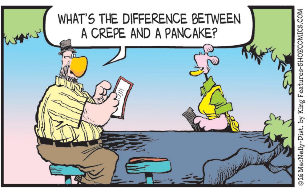 Graphics OCR: WHAT'S THE DIFFERENCE BETWEEN A CREPE AND A PANCAKE? ©26 MacNelly-Dist. by King Features-SHOECOMICS.COM WHAT'S THE DIFFERENCE BETWEEN A CREPE AND A PANCAKE ? © 26 MacNelly - Dist . by King Features-SHOECOMICS.COM