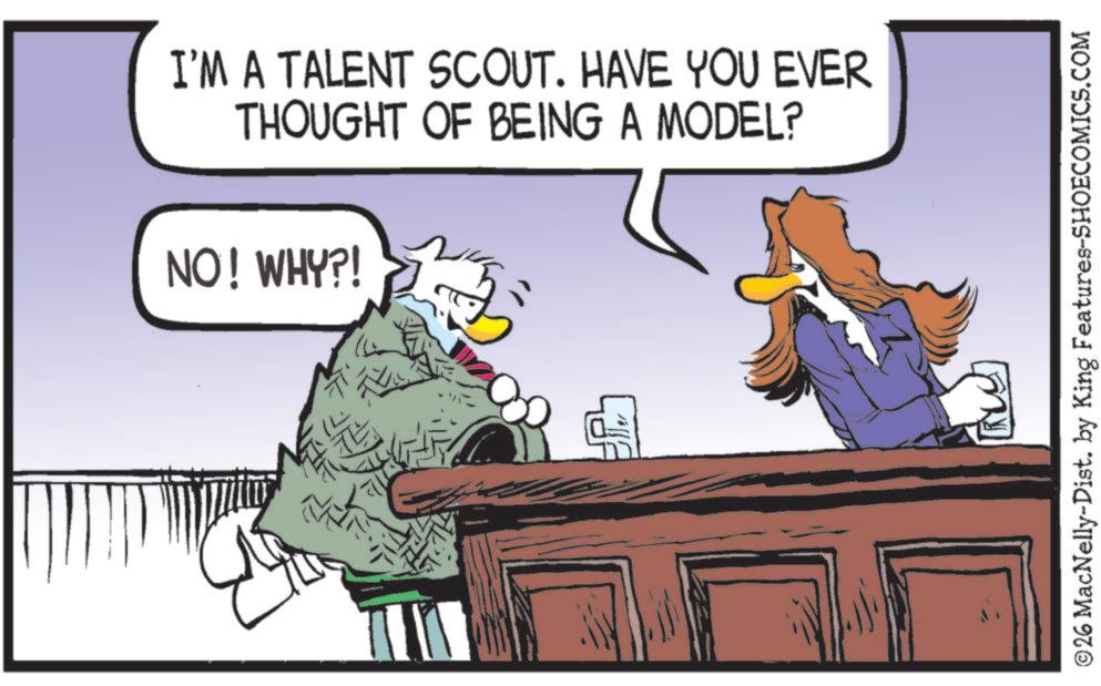 Animated cartoon OCR: I'M A TALENT SCOUT. HAVE YOU EVER THOUGHT OF BEING A MODEL? NO! WHY?! ©26 MacNelly-Dist. by King Features-SHOECOMICS.COM I'M A TALENT SCOUT . HAVE YOU EVER THOUGHT OF BEING A MODEL ? NO ! WHY ?! © 26 MacNelly - Dist . by King Features-SHOECOMICS.COM