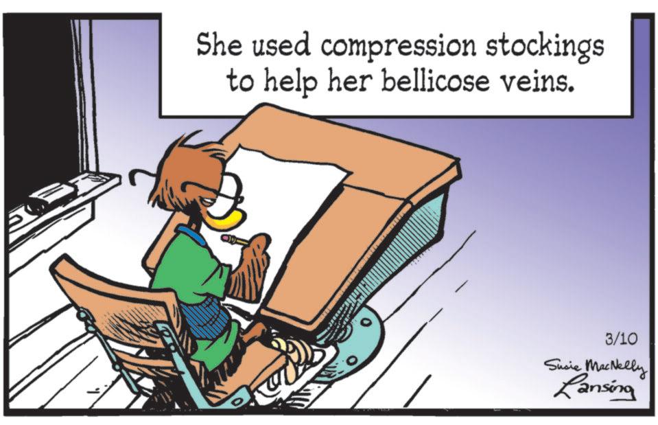 Reading OCR: She used compression stockings to help her bellicose veins. 3/10 Susie MacNelly Lansing She used compression stockings to help her bellicose veins . 3/10 Susie MacNelly Lansing