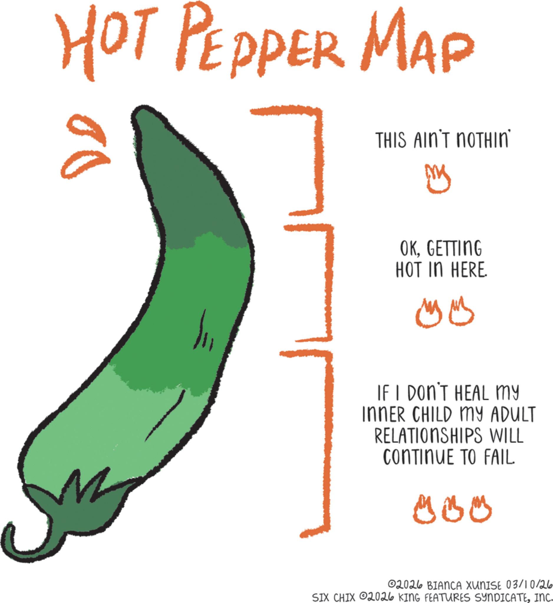 Serrano pepper OCR: HOT PEPPER MAP THIS AIN'T NOTHIN' OKGETTING HOT IN HERE. IF I DON'T HEAL MY INNER CHILD MY ADULT RELATIONSHIPS WILL CONTINUE TO FAIL ????? ©2026 BIANCA XUNISE 03/10/26 SIX CHIX 2026 KING FEATURES SYNDICATEINC. HOT PEPPER MAP THIS AIN'T NOTHIN ' OKGETTING HOT IN HERE . IF I DON'T HEAL MY INNER CHILD MY ADULT RELATIONSHIPS WILL CONTINUE TO FAIL ????? © 2026 BIANCA XUNISE 03/10/26 SIX CHIX 2026 KING FEATURES SYNDICATEINC .