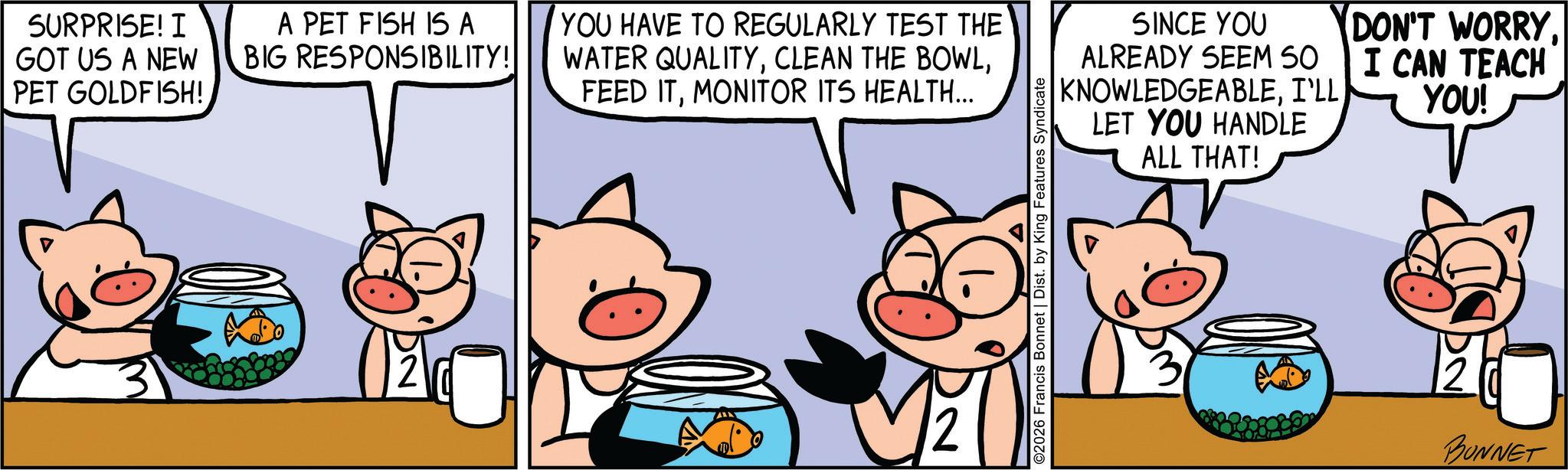 Graphics OCR: SURPRISE! I GOT US A NEW PET GOLDFISH! A PET FISH IS A BIG RESPONSIBILITY! T YOU HAVE TO REGULARLY TEST THE WATER QUALITYMONITOR ITS HEALTH... ©2026 Francis Bonnet | Dist. by King Features Syndicate SINCE YOU ALREADY SEEM SO KNOWLEDGEABLEI'LL LET YOU HANDLE ALL THAT! DON'T WORRYI CAN TEACH YOU! BONNET SURPRISE ! I GOT US A NEW PET GOLDFISH ! A PET FISH IS A BIG RESPONSIBILITY ! T YOU HAVE TO REGULARLY TEST THE WATER QUALITYCLEAN THE BOWLFEED ITMONITOR ITS HEALTH ... © 2026 Francis Bonnet | Dist . by King Features Syndicate SINCE YOU ALREADY SEEM SO KNOWLEDGEABLEI'LL LET YOU HANDLE ALL THAT ! DON'T WORRYI CAN TEACH YOU ! BONNET