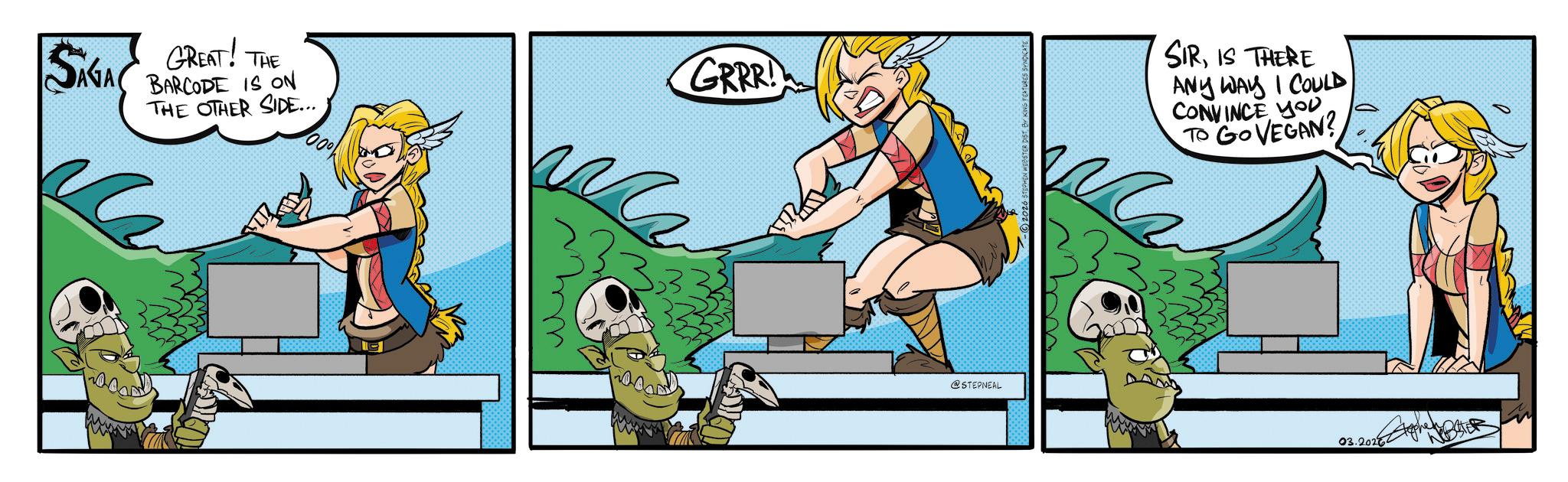 Comic book OCR: SAGA & GREAT! THE BARCODE IS ON THE OTHER SIDE... GRRR! R SIRIS THERE ANY WAY I COULD CONVINCE YOU ?? GOVEGAN? @STEPNEAL 03.2026 SAGA & GREAT ! THE BARCODE IS ON THE OTHER SIDE ... GRRR ! R SIRIS THERE ANY WAY I COULD CONVINCE YOU ?? GOVEGAN ? @STEPNEAL 03.2026