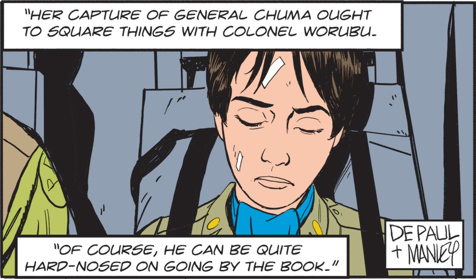 Animation OCR: "HER CAPTURE OF GENERAL CHUMA OUGHT TO SQUARE THINGS WITH COLONEL WORUBU. /" "OF COURSEHE CAN BE QUITE HARD-NOSED ON GOING BY THE BOOK_" DE PAUL + MANLEY " HER CAPTURE OF GENERAL CHUMA OUGHT TO SQUARE THINGS WITH COLONEL WORUBU . / " " OF COURSEHE CAN BE QUITE HARD - NOSED ON GOING BY THE BOOK_ " DE PAUL + MANLEY