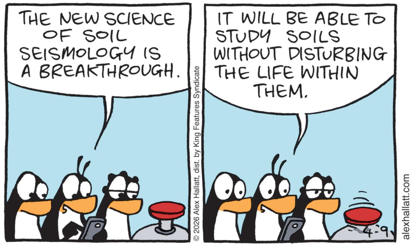 Comics OCR: THE NEW SCIENCE OF SOIL SEISMOLOGY IS A BREAKTHROUGH. IT WILL BE ABLE TO STUDY SOILS WITHOUT DISTURBING THE LIFE WITHIN THEM. © 2026 Alex Hallattdist. by King Features Syndicate 4:9. alexhallatt.com THE NEW SCIENCE OF SOIL SEISMOLOGY IS A BREAKTHROUGH . IT WILL BE ABLE TO STUDY SOILS WITHOUT DISTURBING THE LIFE WITHIN THEM . © 2026 Alex Hallattdist . by King Features Syndicate 4 : 9 . alexhallatt.com