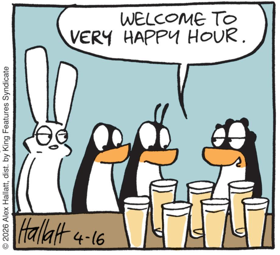 Photo caption OCR: © 2026 Alex Hallattdist. by King Features Syndicate Hallatt 4-16 VERY HAPPY HOUR. WELCOME TO © 2026 Alex Hallattdist . by King Features Syndicate Hallatt 4-16 VERY HAPPY HOUR . WELCOME TO