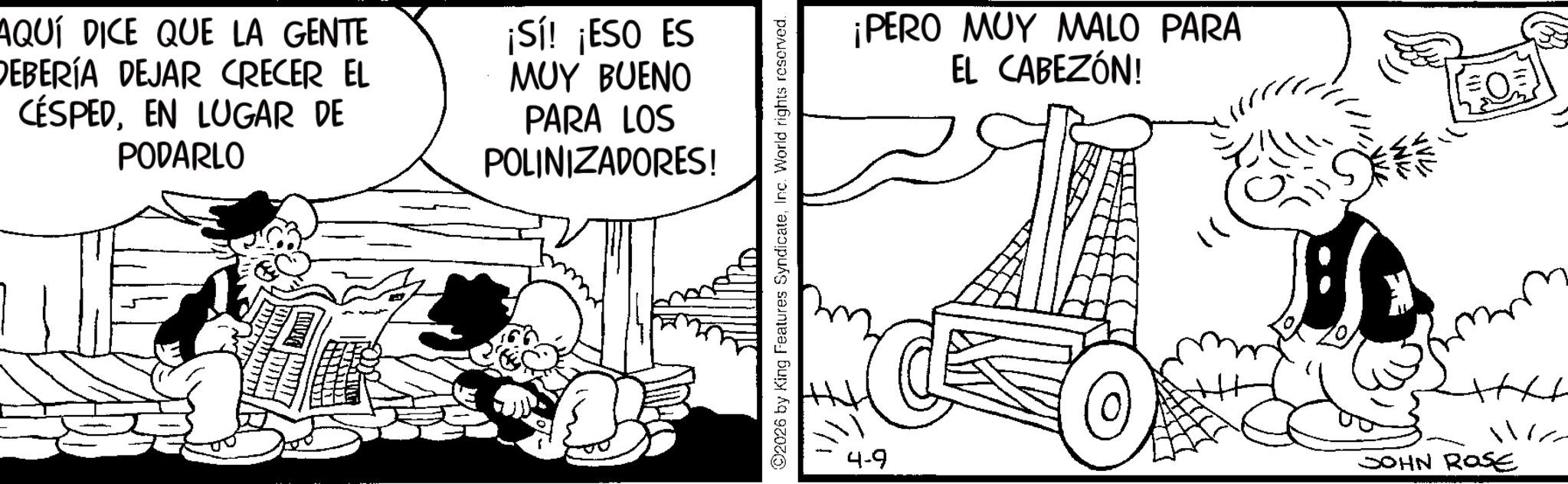 Line art OCR: AQUÍ DICE QUE LA GENTE DEBERÍA DEJAR CRECER EL CÉSPEDEN LUGAR DE PODARLO ¡Sí! ¡ESO ES MUY BUENO PARA LOS POLINIZADORES! 02026 by King Features SyndicateInc. World rights reserved. 4-9 ¡PERO MUY MALO PARA EL CABEZÓN! 11/2 JOHN ROSE AQUÍ DICE QUE LA GENTE DEBERÍA DEJAR CRECER EL CÉSPEDEN LUGAR DE PODARLO ¡ Sí ! ¡ ESO ES MUY BUENO PARA LOS POLINIZADORES ! 02026 by King Features SyndicateInc. World rights reserved . 4-9 ¡ PERO MUY MALO PARA EL CABEZÓN ! 11/2 JOHN ROSE