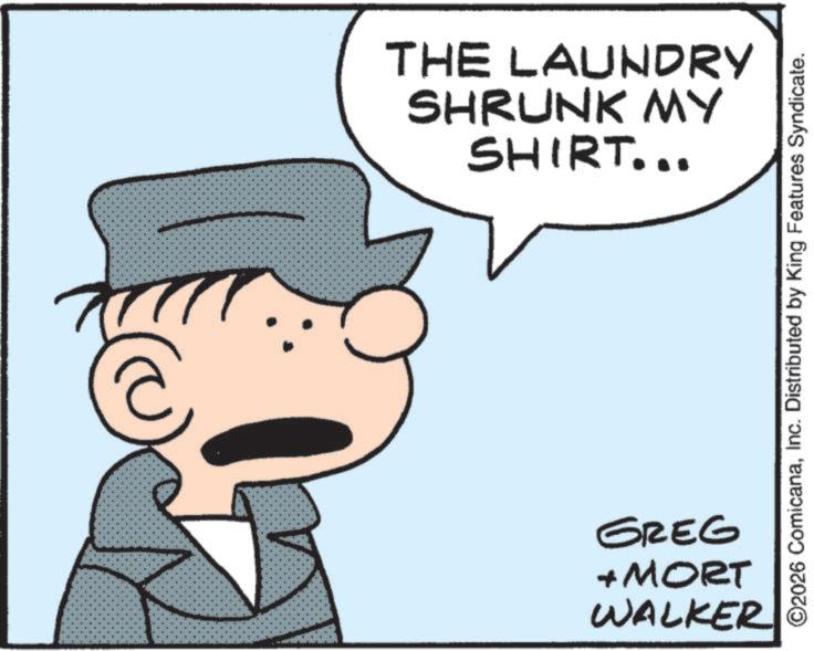 Sun hat OCR: THE LAUNDRY SHRUNK MY SHIRT... ©2026 ComicanaInc. Distributed by King Features Syndicate. GREG + MORT WALKER THE LAUNDRY SHRUNK MY SHIRT ... © 2026 ComicanaInc. Distributed by King Features Syndicate . GREG + MORT WALKER