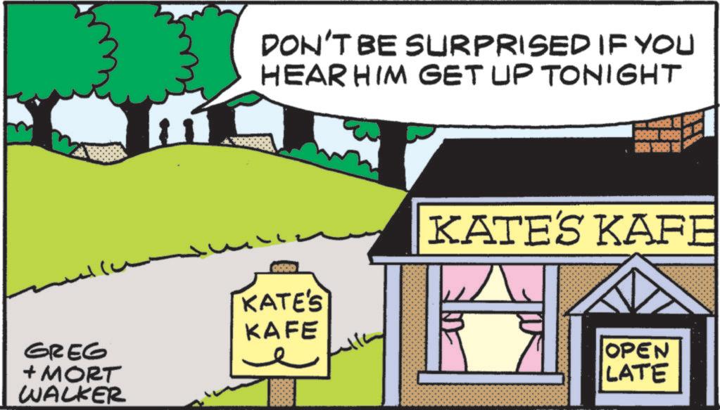 Graphic design OCR: DON'T BE SURPRISED IF YOU HEAR HIM GET UP TONIGHT KATE'S GREG + MORT WALKER KAFE KATE'S KAFE OPEN LATE DON'T BE SURPRISED IF YOU HEAR HIM GET UP TONIGHT KATE'S GREG + MORT WALKER KAFE KATE'S KAFE OPEN LATE