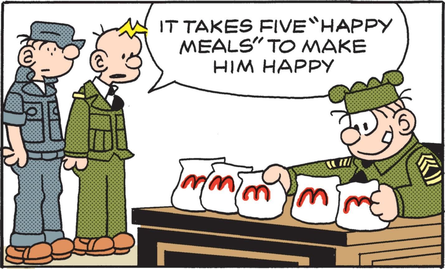 Animated cartoon OCR: IT TAKES FIVE "HAPPY MEALS" TO MAKE HIM HAPPY IT TAKES FIVE " HAPPY MEALS " TO MAKE HIM HAPPY