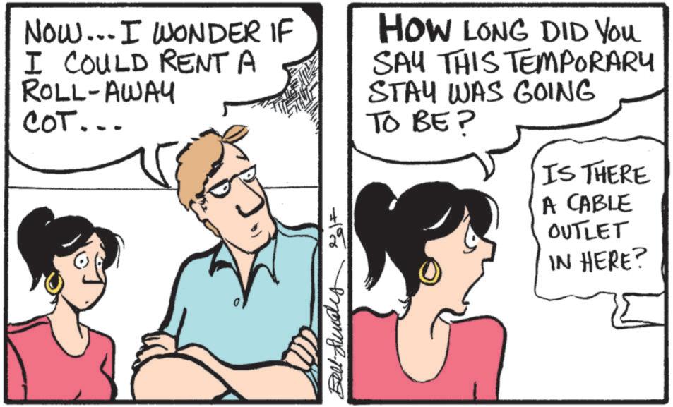Comic book OCR: NOW... I WONDER IF I COULD RENT A ROLL-AWAY COT... +18 mone.mg HOW LONG DID You SAY THIS TEMPORARY STAY WAS GOING TO BE? IS THERE A CABLE OUTLET IN HERE? NOW ... I WONDER IF I COULD RENT A ROLL - AWAY COT ... +18 mone.mg HOW LONG DID You SAY THIS TEMPORARY STAY WAS GOING TO BE ? IS THERE A CABLE OUTLET IN HERE ?