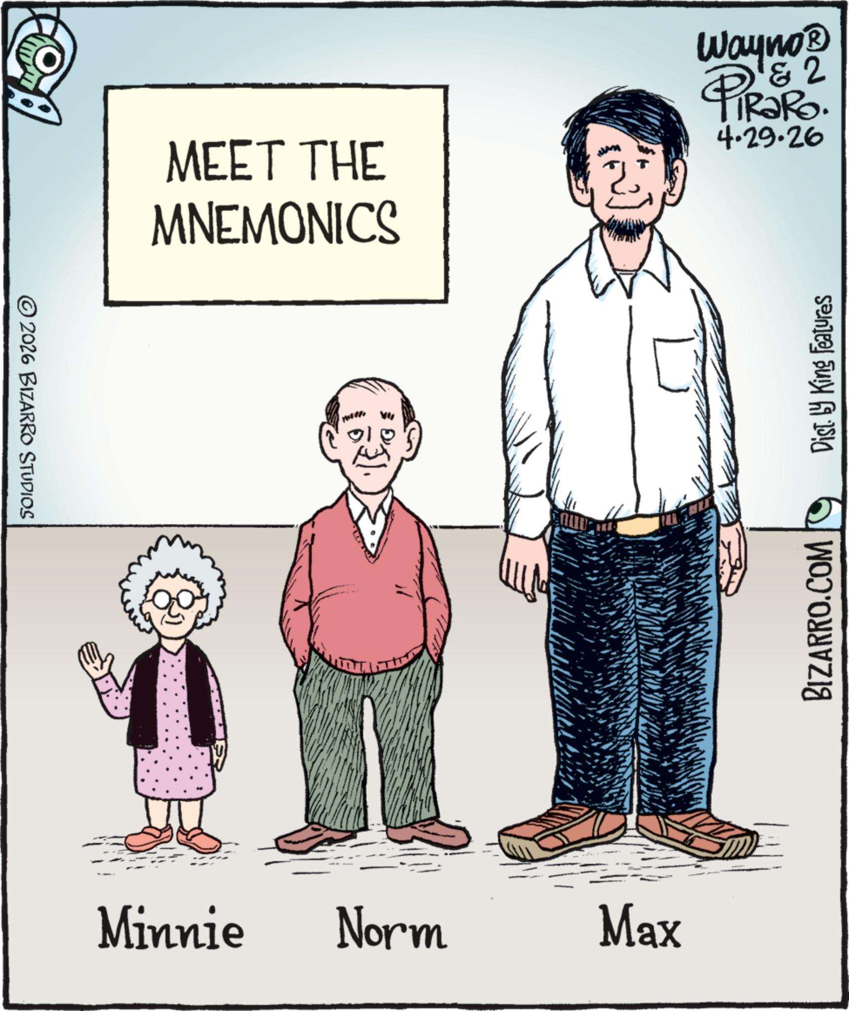 Animation OCR: © 2026 BIZARRO STUDIOS B MEET THE MNEMONICS Wayno? 4 PiRaRo. 4.29.26 Minnie Norm Max BIZARRO.COM Dist. Ly King Features © 2026 BIZARRO STUDIOS B MEET THE MNEMONICS Wayno? 4 PiRaRo . 4.29.26 Minnie Norm Max BIZARRO.COM Dist . Ly King Features