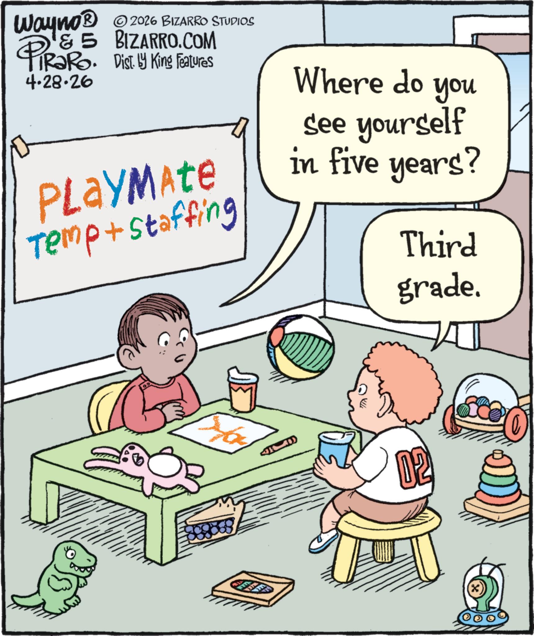 Graphics OCR: Wayno® © PiRaRo. 2026 BIZARRO STUDIOS & 5 BIZARRO.COM iRaRo. Dist. by King Features 4.28.26 PLAYMATE Temp + Staffing you Where do see yourself in five years? Third grade. 02 (x) Wayno® © PiRaRo . 2026 BIZARRO STUDIOS & 5 BIZARRO.COM iRaRo . Dist . by King Features 4.28.26 PLAYMATE Temp + Staffing you Where do see yourself in five years ? Third grade . 02 ( x )