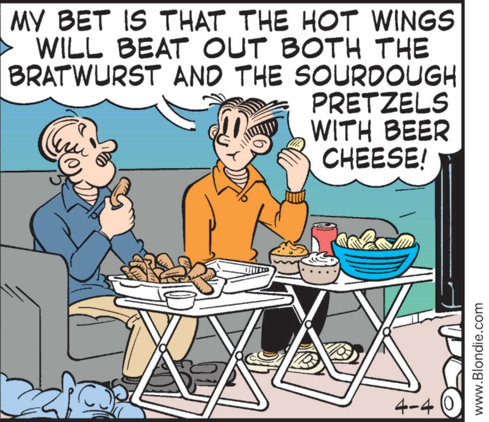 Cooking OCR: MY BET IS THAT THE HOT WINGS WILL BEAT OUT BOTH THE BRATWURST AND THE SOURDOUGH PRETZELS WITH BEER CHEESE! 4-4 www.Blondie.com MY BET IS THAT THE HOT WINGS WILL BEAT OUT BOTH THE BRATWURST AND THE SOURDOUGH PRETZELS WITH BEER CHEESE ! 4-4 www.Blondie.com