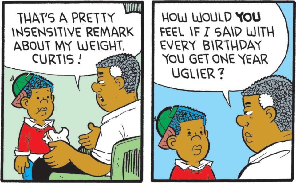 Publication OCR: THAT'S A PRETTY INSENSITIVE REMARK ABOUT MY WEIGHTCURTIS ! HOW WOULD YOU FEEL IF I SAID WITH EVERY BIRTHDAY YOU GET ONE YEAR UGLIER? THAT'S A PRETTY INSENSITIVE REMARK ABOUT MY WEIGHTCURTIS ! HOW WOULD YOU FEEL IF I SAID WITH EVERY BIRTHDAY YOU GET ONE YEAR UGLIER ?
