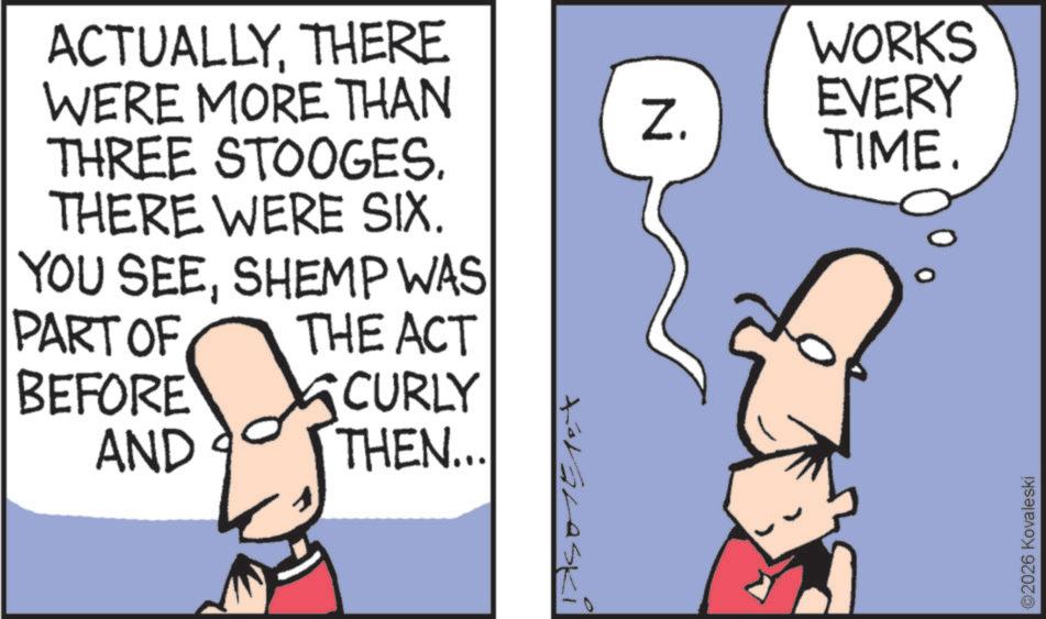 Cartoon OCR: ACTUALLYTHERE WORKS WERE MORE THAN Z. THREE STOOGES. EVERY TIME. THERE WERE SIX. YOU SEESHEMP WAS PART OF THE ACT BEFORE SCURLY AND THEN... Graski ©2026 Kovaleski ACTUALLYTHERE WORKS WERE MORE THAN Z. THREE STOOGES . EVERY TIME . THERE WERE SIX . YOU SEESHEMP WAS PART OF THE ACT BEFORE SCURLY AND THEN ... Graski © 2026 Kovaleski