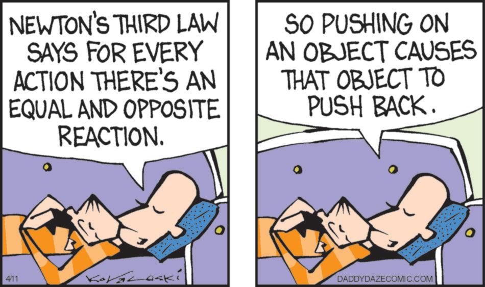 Animated cartoon OCR: NEWTON'S THIRD LAW SAYS FOR EVERY ACTION THERE'S AN EQUAL AND OPPOSITE REACTION. SO PUSHING ON AN OBJECT CAUSES THAT OBJECT TO PUSH BACK. 4/11 Koralaski DADDYDAZECOMIC.COM NEWTON'S THIRD LAW SAYS FOR EVERY ACTION THERE'S AN EQUAL AND OPPOSITE REACTION . SO PUSHING ON AN OBJECT CAUSES THAT OBJECT TO PUSH BACK . 4/11 Koralaski DADDYDAZECOMIC.COM