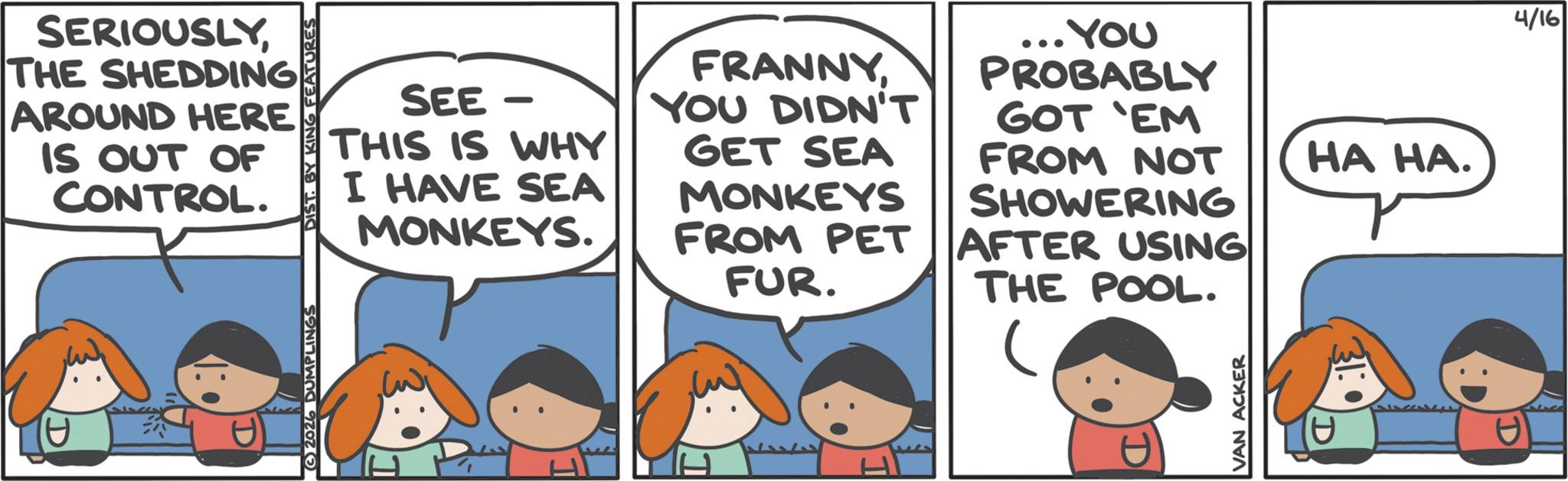 Graphics OCR: SERIOUSLYTHE SHEDDING AROUND HERE IS OUT OF CONTROL. 2026 DUMPLINGS DIST. BY KING FEATURES SEE - THIS IS WHY I HAVE SEA MONKEYS. FRANNYYOU DIDN'T GET SEA MONKEYS FROM PET FUR. .YOU PROBABLY GOT 'EM FROM NOT SHOWERING AFTER USING THE POOL. VAN ACKER HA HA. 4/16 SERIOUSLYTHE SHEDDING AROUND HERE IS OUT OF CONTROL . 2026 DUMPLINGS DIST . BY KING FEATURES SEE - THIS IS WHY I HAVE SEA MONKEYS . FRANNYYOU DIDN'T GET SEA MONKEYS FROM PET FUR . .YOU PROBABLY GOT ' EM FROM NOT SHOWERING AFTER USING THE POOL . VAN ACKER HA HA . 4/16