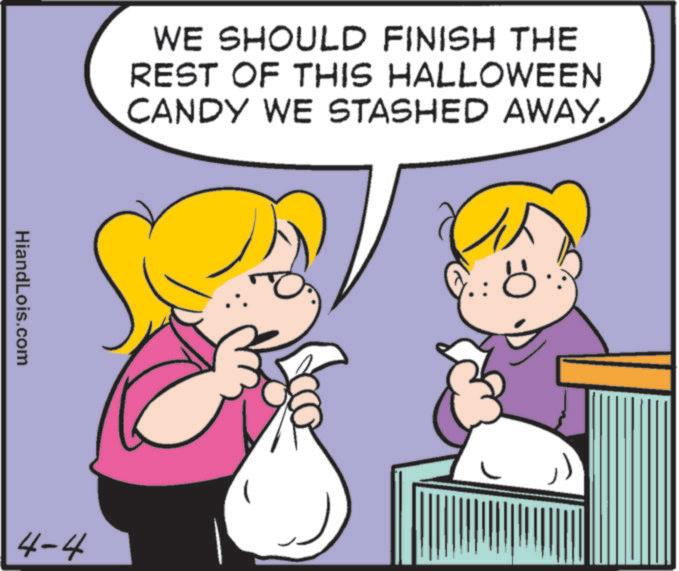 Animated cartoon OCR: WE SHOULD FINISH THE REST OF THIS HALLOWEEN CANDY WE STASHED AWAY. HiandLois.com 4-4 ? WE SHOULD FINISH THE REST OF THIS HALLOWEEN CANDY WE STASHED AWAY . HiandLois.com 4-4 ?