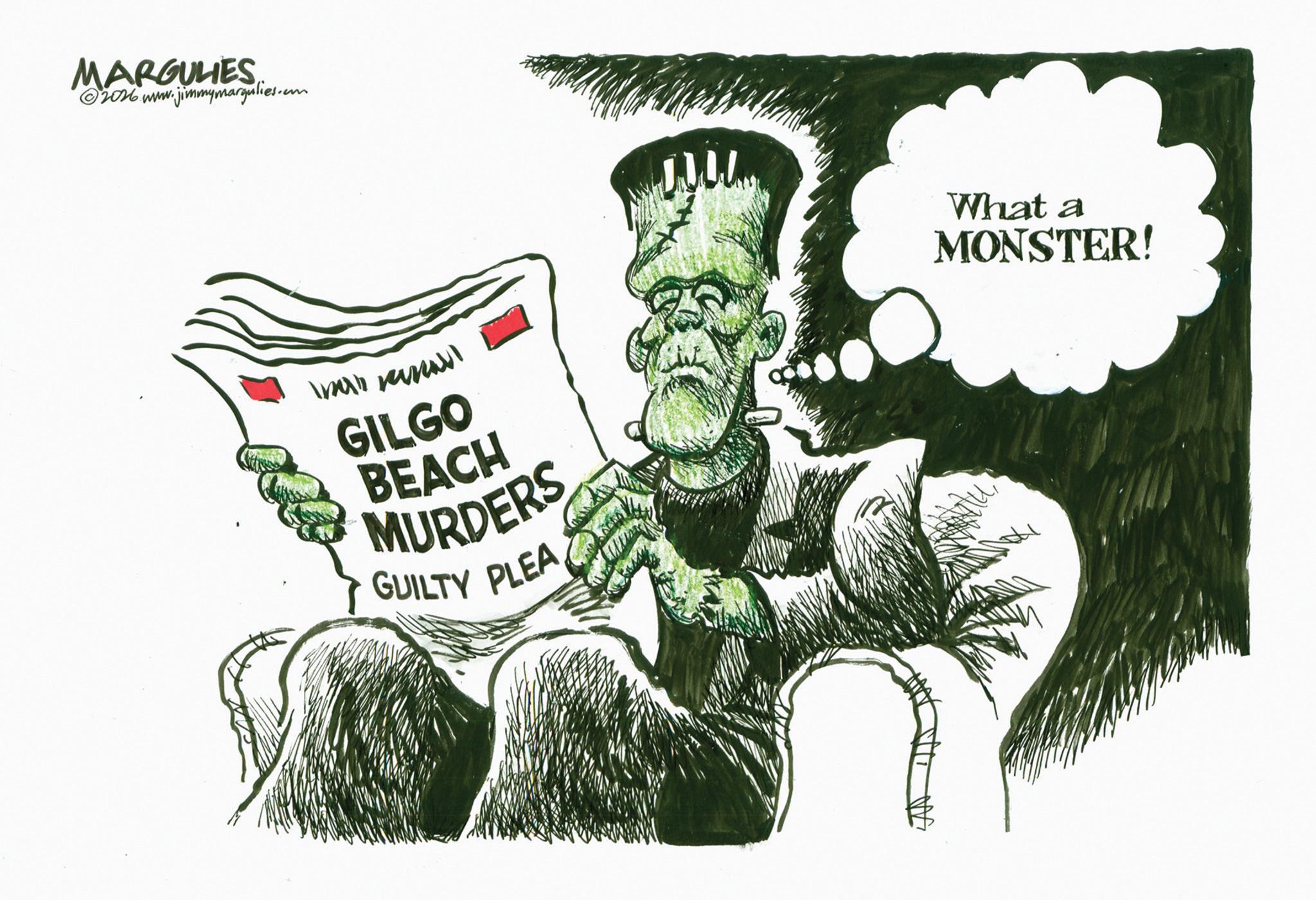 Line art OCR: MARGULIES ©2026 www.jimmymargulies.com GILGO BEACH MURDERS GUILTY PLEA What a MONSTER! MARGULIES © 2026 www.jimmymargulies.com GILGO BEACH MURDERS GUILTY PLEA What a MONSTER !