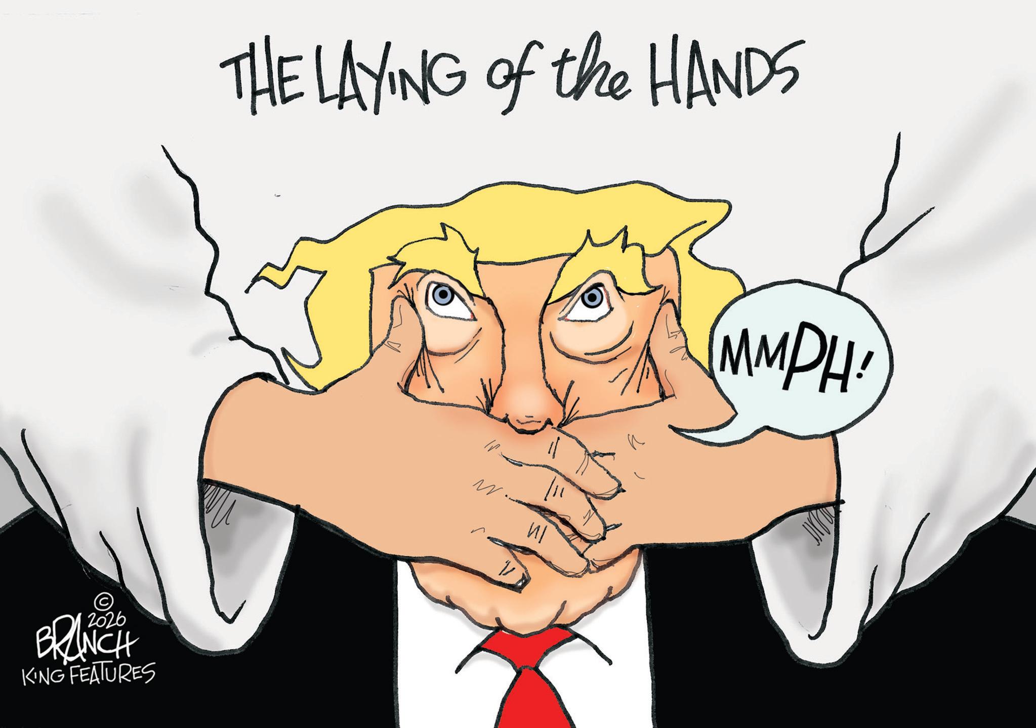 Animated cartoon OCR: THE LAYING of the HANDS (MMPH! © BRANCH KING FEATURES W ? THE LAYING of the HANDS ( MMPH ! © BRANCH KING FEATURES W ?