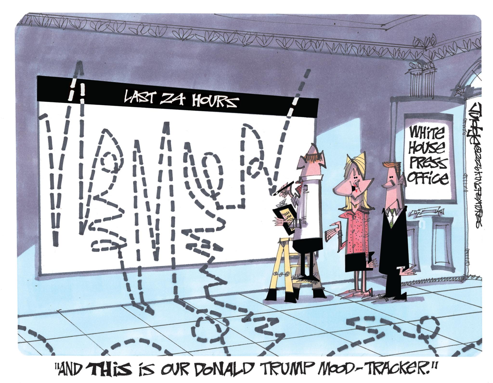 Handwriting OCR: == LAST ZA HOURS Fus M WHITE House PRESS OFFICE 51 "AND THIS IS OUR DONALD TRUMP MOOD-TRACKER." Jude182026KINGTEXTURES == LAST ZA HOURS Fus M WHITE House PRESS OFFICE 51 " AND THIS IS OUR DONALD TRUMP MOOD - TRACKER . " Jude182026KINGTEXTURES