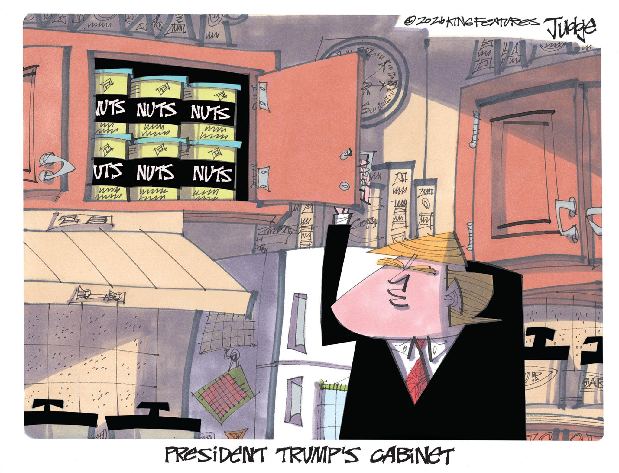 Animated cartoon OCR: € me. www UTS NUTS NUTS m um min mm TEL UTS NUTS NUTS www mn 717 uom 0 of M m ?? V @2026 KING FEATURES Judge m Vin A MM ? 1 0 PRESIDENT TRUMP'S CABINET SAR € me . www UTS NUTS NUTS m um min mm TEL UTS NUTS NUTS www mn 717 uom 0 of M m ?? V @ 2026 KING FEATURES Judge m Vin A MM ? 1 0 PRESIDENT TRUMP'S CABINET SAR