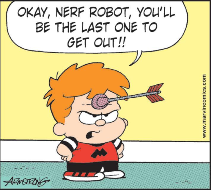 Clip art OCR: ARMSTRONG OKAYYOU'LL BE THE LAST ONE TO GET OUT!! www.marvincomics.com ARMSTRONG OKAYNERF ROBOTYOU'LL BE THE LAST ONE TO GET OUT !! www.marvincomics.com