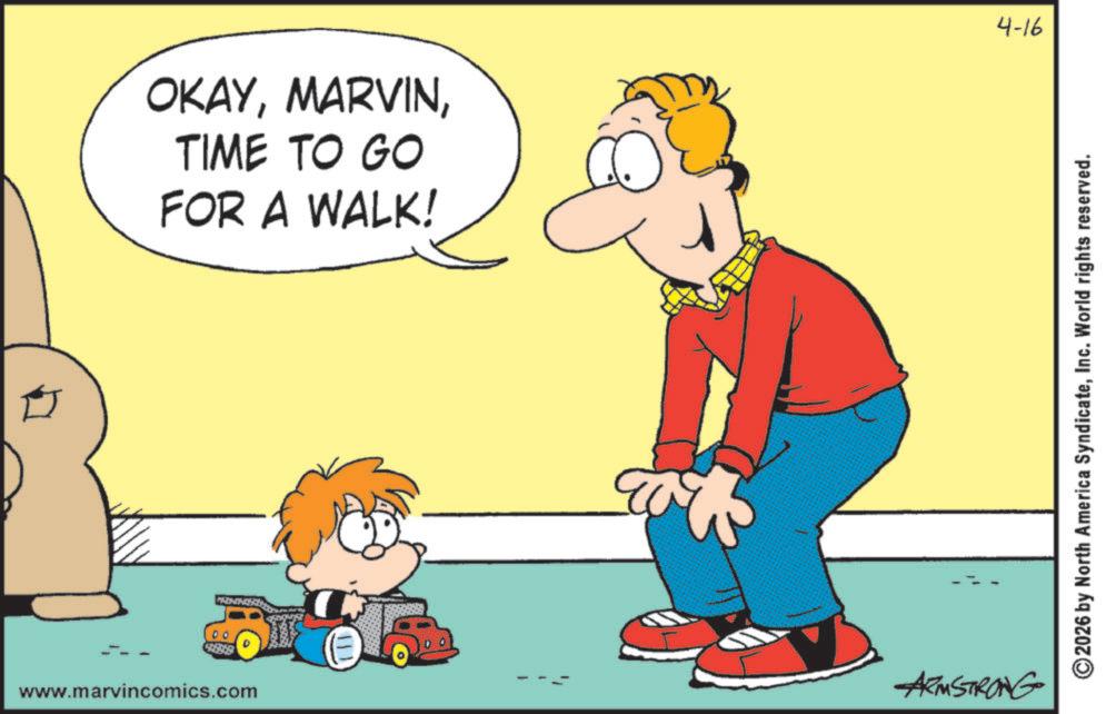 Animation OCR: 0 OKAYTIME TO GO FOR A WALK! PRON 00 www.marvincomics.com ARMSTRONG 4-16 ©2026 by North America SyndicateInc. World rights reserved. 0 OKAYTIME TO GO FOR A WALK ! PRON 00 www.marvincomics.com ARMSTRONG 4-16 © 2026 by North America SyndicateInc. World rights reserved .