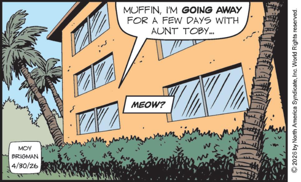 Animation OCR: MOY BRIGMAN 4/30/26 MUFFINI'M GOING AWAY FOR A FEW DAYS WITH AUNT TOBY... MEOW? © 2026 by North America SyndicateInc. World Rights reserved. MOY BRIGMAN 4/30/26 MUFFINI'M GOING AWAY FOR A FEW DAYS WITH AUNT TOBY ... MEOW ? © 2026 by North America SyndicateInc. World Rights reserved .