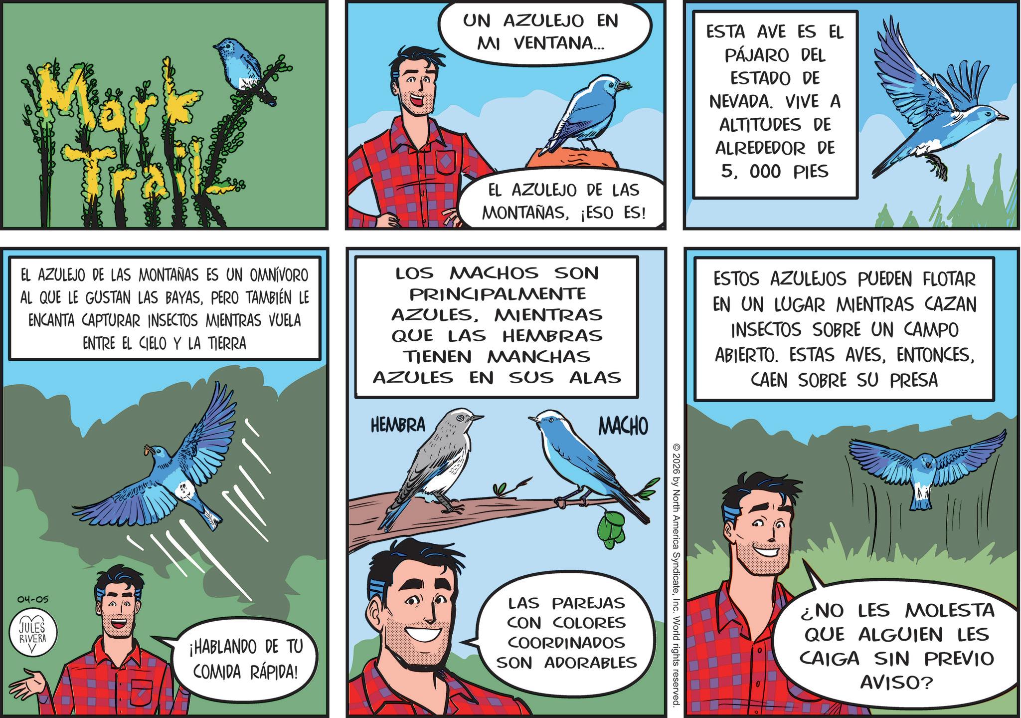 Fiction OCR: Mast UN AZULEJO EN MI VENTANA... EL AZULEJO DE LAS MONTAÑAS¡ESO ES! ESTA AVE ES EL PÁJARO DEL ESTADO DE NEVADA. VIVE A ALTITUDES DE ALREDEDOR DE 5000 PIES EL AZULEJO DE LAS MONTAÑAS ES UN OMNÍVORO AL QUE LE GUSTAN LAS BAYASPERO TAMBIÉN LE ENCANTA CAPTURAR INSECTOS MIENTRAS VUELA ENTRE EL CIELO Y LA TIERRA LOS MACHOS SON PRINCIPALMENTE AZULESMIENTRAS QUE LAS HEMBRAS TIENEN MANCHAS AZULES EN SUS ALAS HEMBRA MACHO ESTOS AZULEJOS PUEDEN FLOTAR EN UN LUGAR MIENTRAS CAZAN INSECTOS SOBRE UN CAMPO ABIERTO. ESTAS AVESCAEN SOBRE SU PRESA 2026 by North America SyndicateInc. World rights reserved. 04-05 JULES RIVERA ¡HABLANDO DE TU COMIDA RÁPIDA! LAS PAREJAS CON COLORES COORDINADOS SON ADORABLES ¿NO LES MOLESTA QUE ALGUIEN LES CAIGA SIN PREVIO AVISO? Mast UN AZULEJO EN MI VENTANA ... EL AZULEJO DE LAS MONTAÑAS¡ ESO ES ! ESTA AVE ES EL PÁJARO DEL ESTADO DE NEVADA . VIVE A ALTITUDES DE ALREDEDOR DE 5000 PIES EL AZULEJO DE LAS MONTAÑAS ES UN OMNÍVORO AL QUE LE GUSTAN LAS BAYASPERO TAMBIÉN LE ENCANTA CAPTURAR INSECTOS MIENTRAS VUELA ENTRE EL CIELO Y LA TIERRA LOS MACHOS SON PRINCIPALMENTE AZULESMIENTRAS QUE LAS HEMBRAS TIENEN MANCHAS AZULES EN SUS ALAS HEMBRA MACHO ESTOS AZULEJOS PUEDEN FLOTAR EN UN LUGAR MIENTRAS CAZAN INSECTOS SOBRE UN CAMPO ABIERTO . ESTAS AVESCAEN SOBRE SU PRESA 2026 by North America SyndicateInc. World rights reserved . 04-05 JULES RIVERA ¡ HABLANDO DE TU COMIDA RÁPIDA ! LAS PAREJAS CON COLORES COORDINADOS SON ADORABLES ¿ NO LES MOLESTA QUE ALGUIEN LES CAIGA SIN PREVIO AVISO ?
