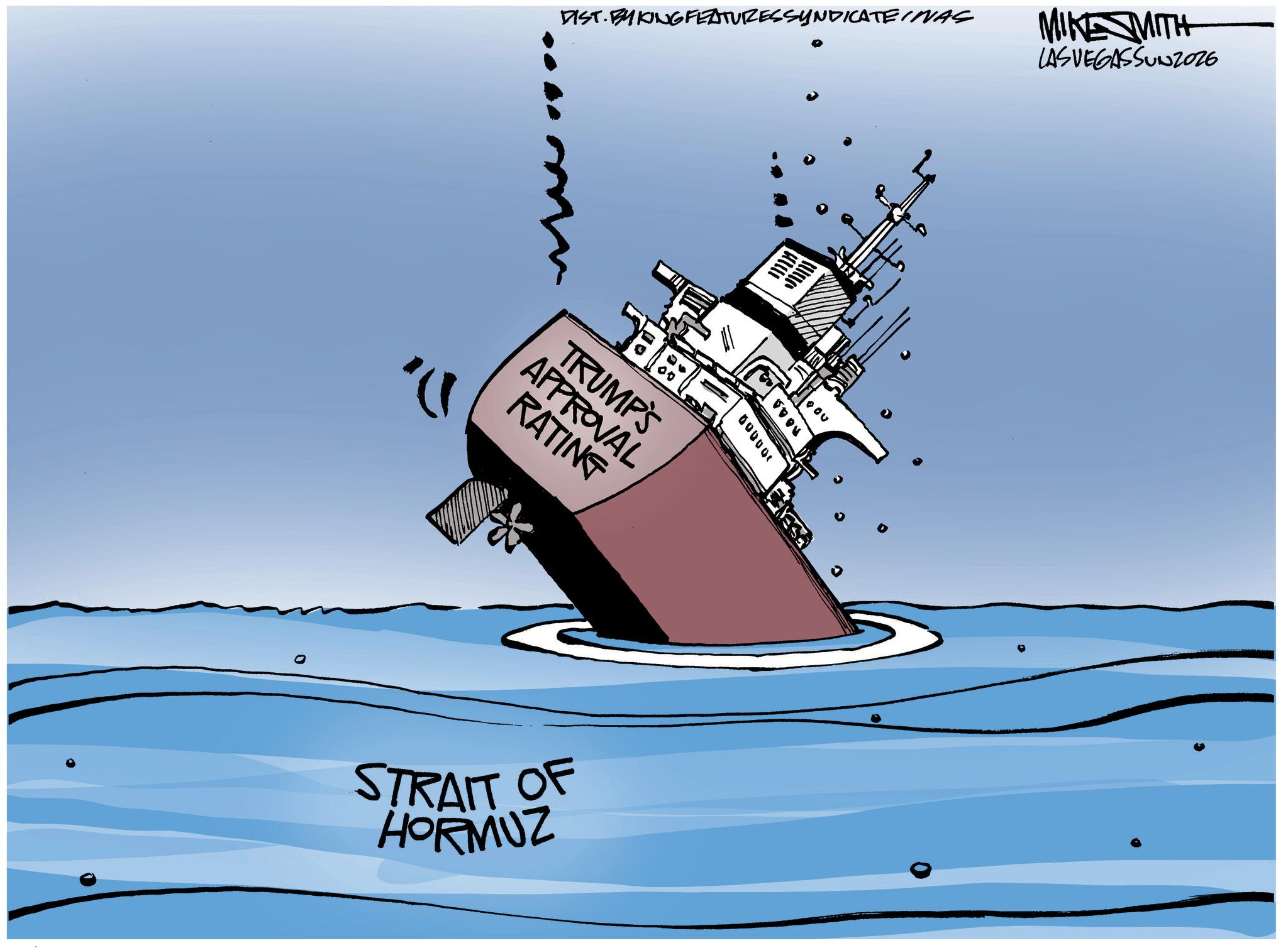 Animated cartoon OCR: DIST. BYKING FEATURES SYNDICATEINAS MIKE MITH LAS VEGASSUNZO26 APPROVAL RATING TRUMP'S STRAIT OF HORMUZ ????? 000001 noaa 000 DIST . BYKING FEATURES SYNDICATEINAS MIKE MITH LAS VEGASSUNZO26 APPROVAL RATING TRUMP'S STRAIT OF HORMUZ ????? 000001 noaa 000