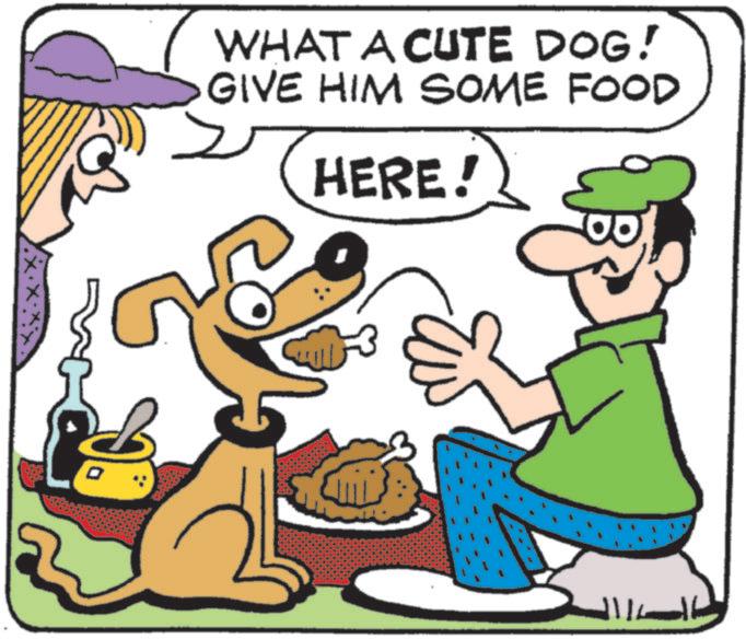 Animated cartoon OCR: WHAT A CUTE DOG! GIVE HIM SOME FOOD HERE! ??? ??? WHAT A CUTE DOG ! GIVE HIM SOME FOOD HERE ! ??? ???