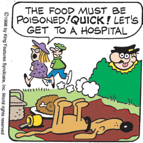 Photo caption OCR: THE FOOD MUST BE POISONED!QUICK! LET'S GET TO A HOSPITAL ©1998 by King Features SyndicateInc. World rights reserved M THE FOOD MUST BE POISONED ! QUICK ! LET'S GET TO A HOSPITAL © 1998 by King Features SyndicateInc. World rights reserved M