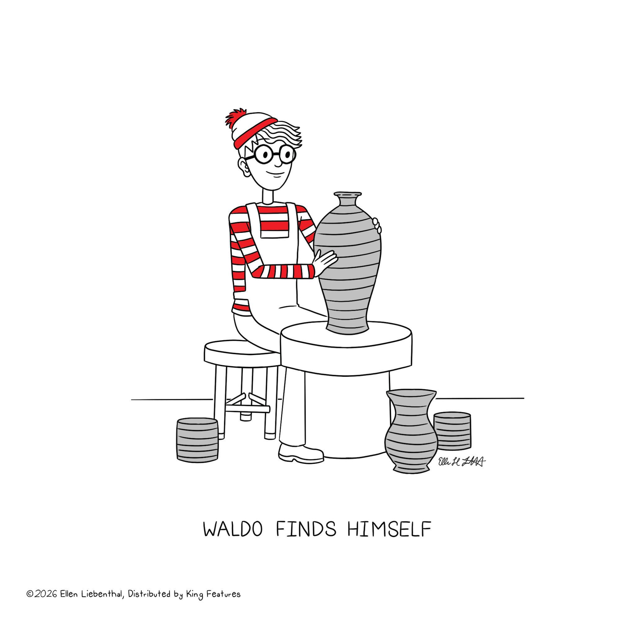 Coloring book OCR: WALDO FINDS HIMSELF ©2026 Ellen LiebenthalDistributed by King Features Elli H LA WALDO FINDS HIMSELF © 2026 Ellen LiebenthalDistributed by King Features Elli H LA