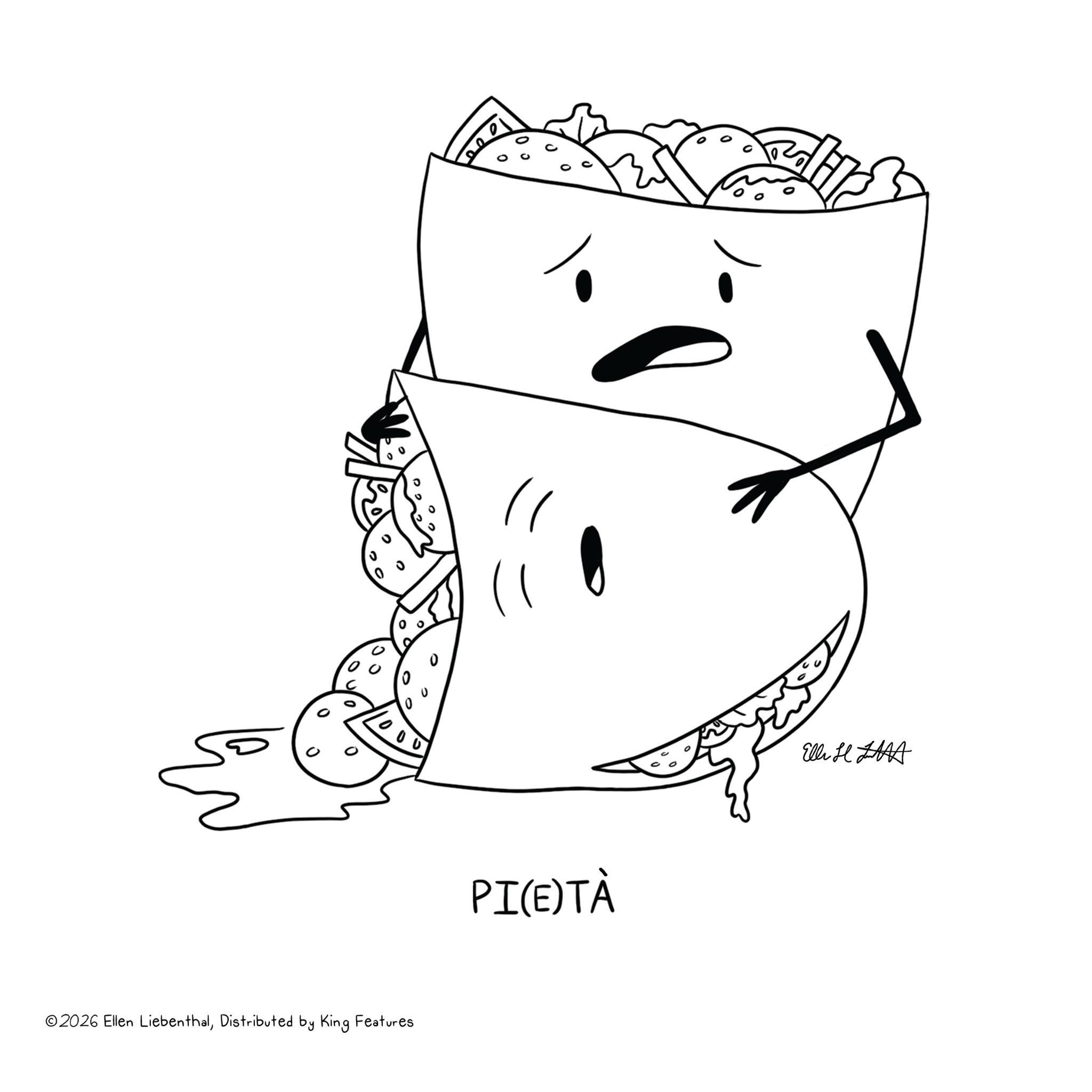 Coloring book OCR: ©2026 Ellen LiebenthalDistributed by King Features ? PI(E)TÀ Elli © 2026 Ellen LiebenthalDistributed by King Features ? PI ( E ) TÀ Elli