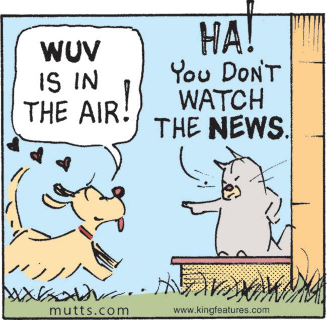 Animated cartoon OCR: WUV IS IN THE AIR! 11 HA! You DON'T WATCH THE NEWS. mutts.com www.kingfeatures.com WUV IS IN THE AIR ! 11 HA ! You DON'T WATCH THE NEWS . mutts.com www.kingfeatures.com