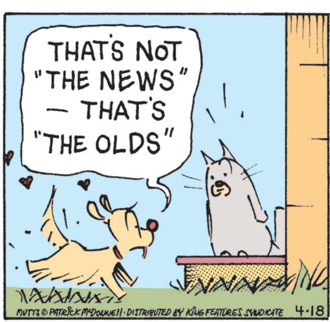 Photo caption OCR: THAT'S NOT "THE NEWS" THAT'S "THE OLDS" MUTTS © PATRICK MYDONNE!!· DISTRIBUTED BY KING FEATURES SYNDICATE 4.18 THAT'S NOT " THE NEWS " THAT'S " THE OLDS " MUTTS © PATRICK MYDONNE !! · DISTRIBUTED BY KING FEATURES SYNDICATE 4.18