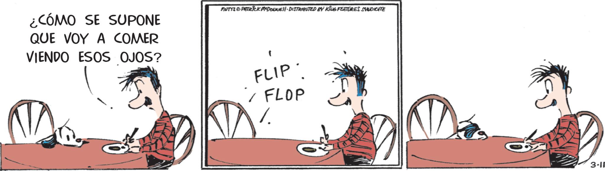 Animated cartoon OCR: ¿CÓMO SE SUPONE QUE VOY A COMER VIENDO ESOS OJOS? MUTTS PATRICK DOWNE· DISTRIBUTED BY KING FEATURES SYNDICATE FLIP. FLOP % 3-11 ¿ CÓMO SE SUPONE QUE VOY A COMER VIENDO ESOS OJOS ? MUTTS PATRICK DOWNE · DISTRIBUTED BY KING FEATURES SYNDICATE FLIP . FLOP % 3-11