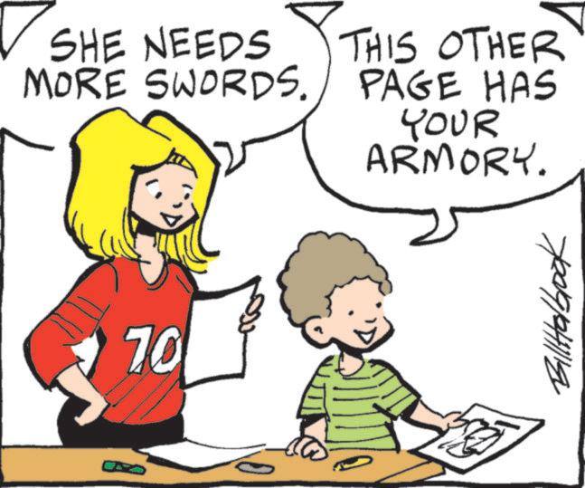 Handwriting OCR: SHE NEEDS MORE SWORDS. THIS OTHER PAGE HAS YOUR ARMORY. 70 BillHolbrook SHE NEEDS MORE SWORDS . THIS OTHER PAGE HAS YOUR ARMORY . 70 BillHolbrook