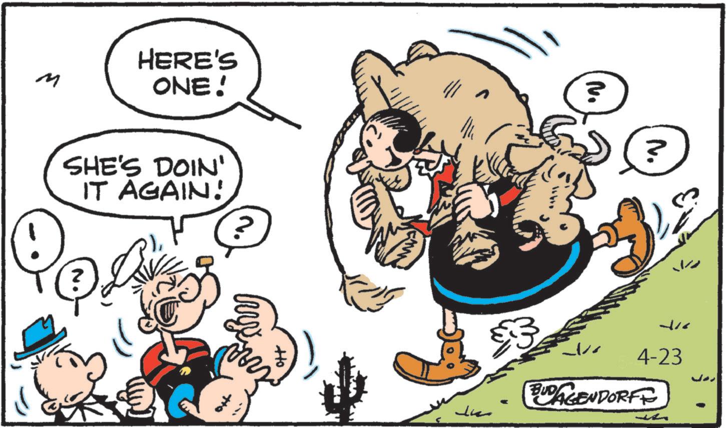 Animated cartoon OCR: M HERE'S ONE! SHE'S DOIN' IT AGAIN! ? my Ho ? n ? $3 N. ? 4-23 BUD AGENDORFF M HERE'S ONE ! SHE'S DOIN ' IT AGAIN ! ? my Ho ? n ? $ 3 N. ? 4-23 BUD AGENDORFF