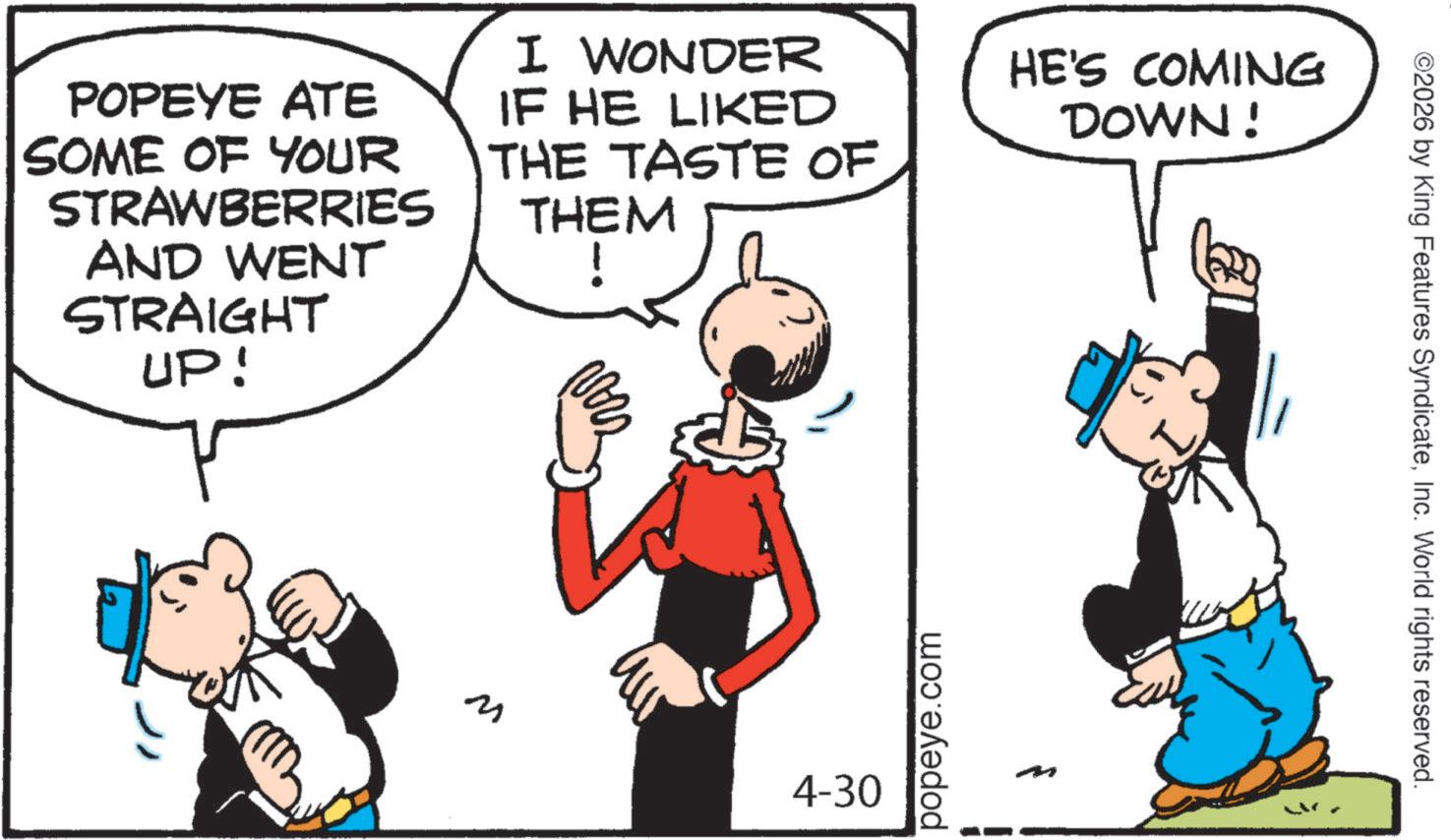 Animated cartoon OCR: ©2026 by King Features SyndicateInc. World rights reserved. POPEYE ATE SOME OF YOUR STRAWBERRIES AND WENT STRAIGHT UP! I WONDER IF HE LIKED THE TASTE OF THEM ! HE'S COMING DOWN! popeye.com ?? 4-30 f © 2026 by King Features SyndicateInc. World rights reserved . POPEYE ATE SOME OF YOUR STRAWBERRIES AND WENT STRAIGHT UP ! I WONDER IF HE LIKED THE TASTE OF THEM ! HE'S COMING DOWN ! popeye.com ?? 4-30 f